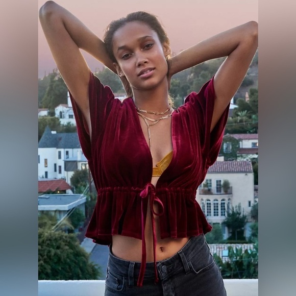 URBAN OUTFITTERS Goldie Velvet Cropped Top Burgundy Short Sleeve Size Medium - Picture 1 of 11